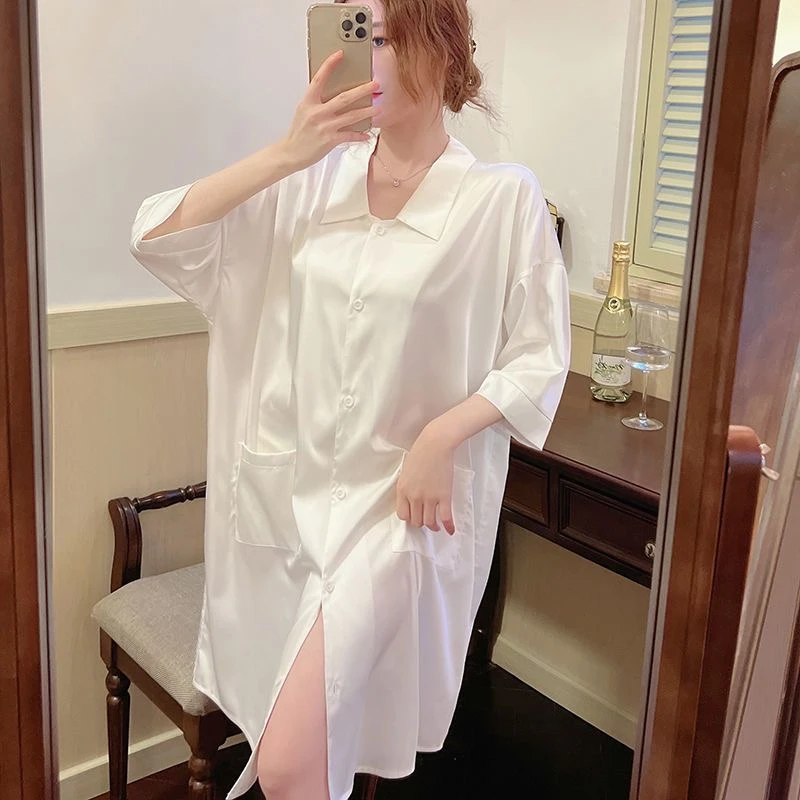 Spring New Style Ice Silk Lace Nightdress Female Summer Hollow Ice Silk Nightdress Evening Dress Front Button Cardigan Home Wear