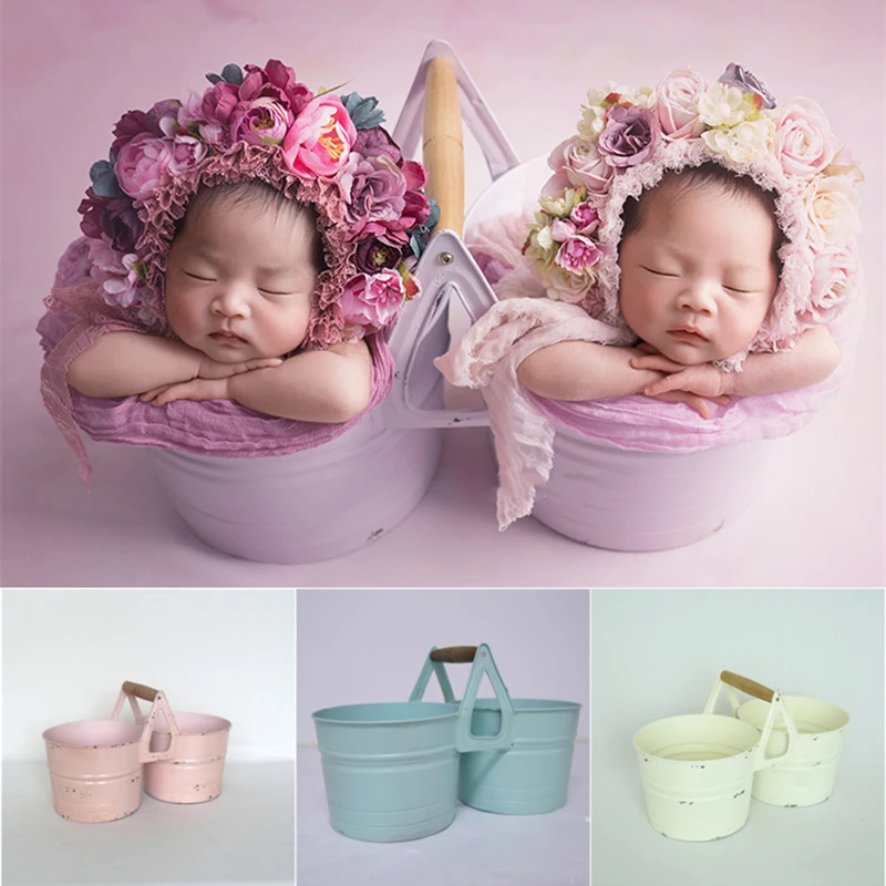 Newborn Baby Photography Props Iron Twins Floral Bucket Fotografia Accessories Posing Studio Shooting Photo Props Shower Gift