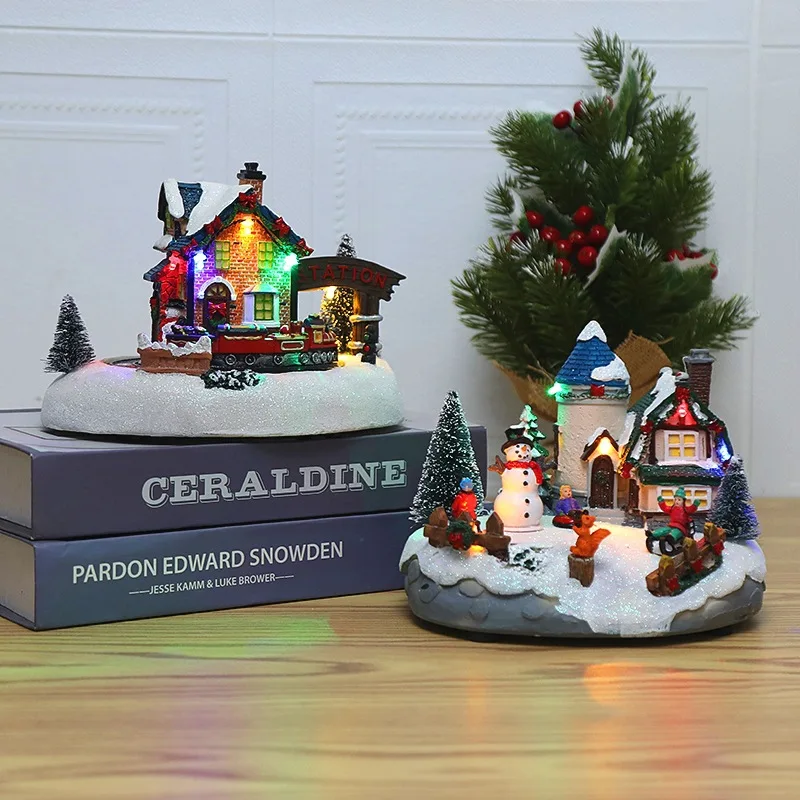 2021 Christmas decorations colorful luminous music snow house Christmas ornaments train house Christmas gifts