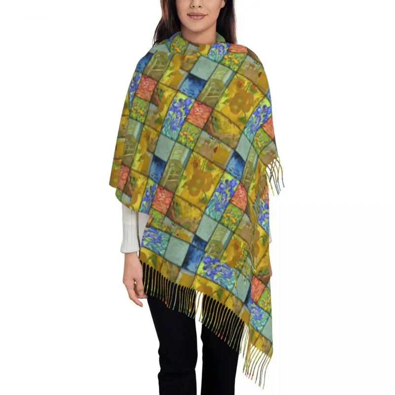

Large Van Gogh Quilt Pattern With Sunflowers Irises Cornfields Scarves Winter Thick Warm Tassel Shawl Wrap Art Painting Scarf