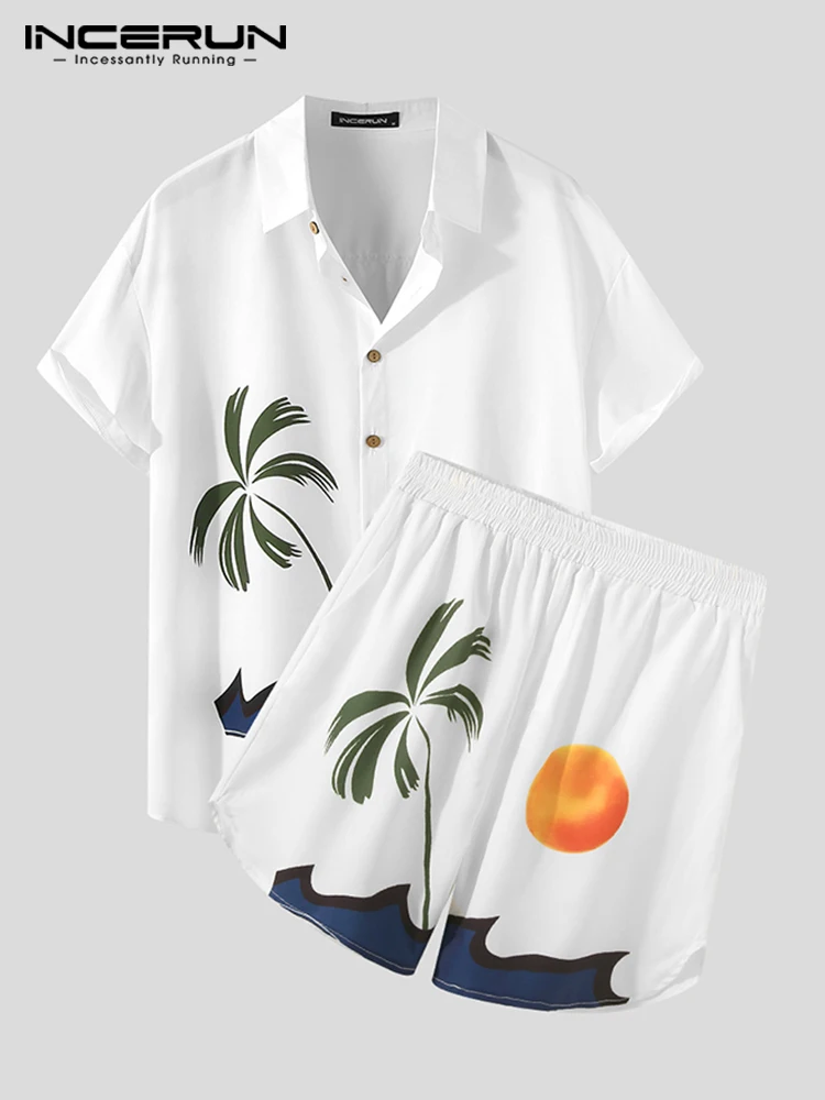 

INCERUN Summer Men Hawaiian Sets Streetwear Printing Vacation Short Sleeve Lapel Shirt Shorts Two Pieces Sets Casual Men Suits