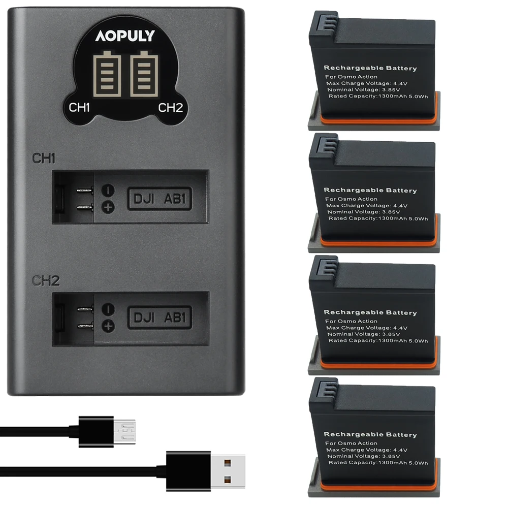 Фото 4 шт. батареи 1300 мАч AB1 + зарядное устройство USB для спортивной экшн-камеры DJI OSMO |