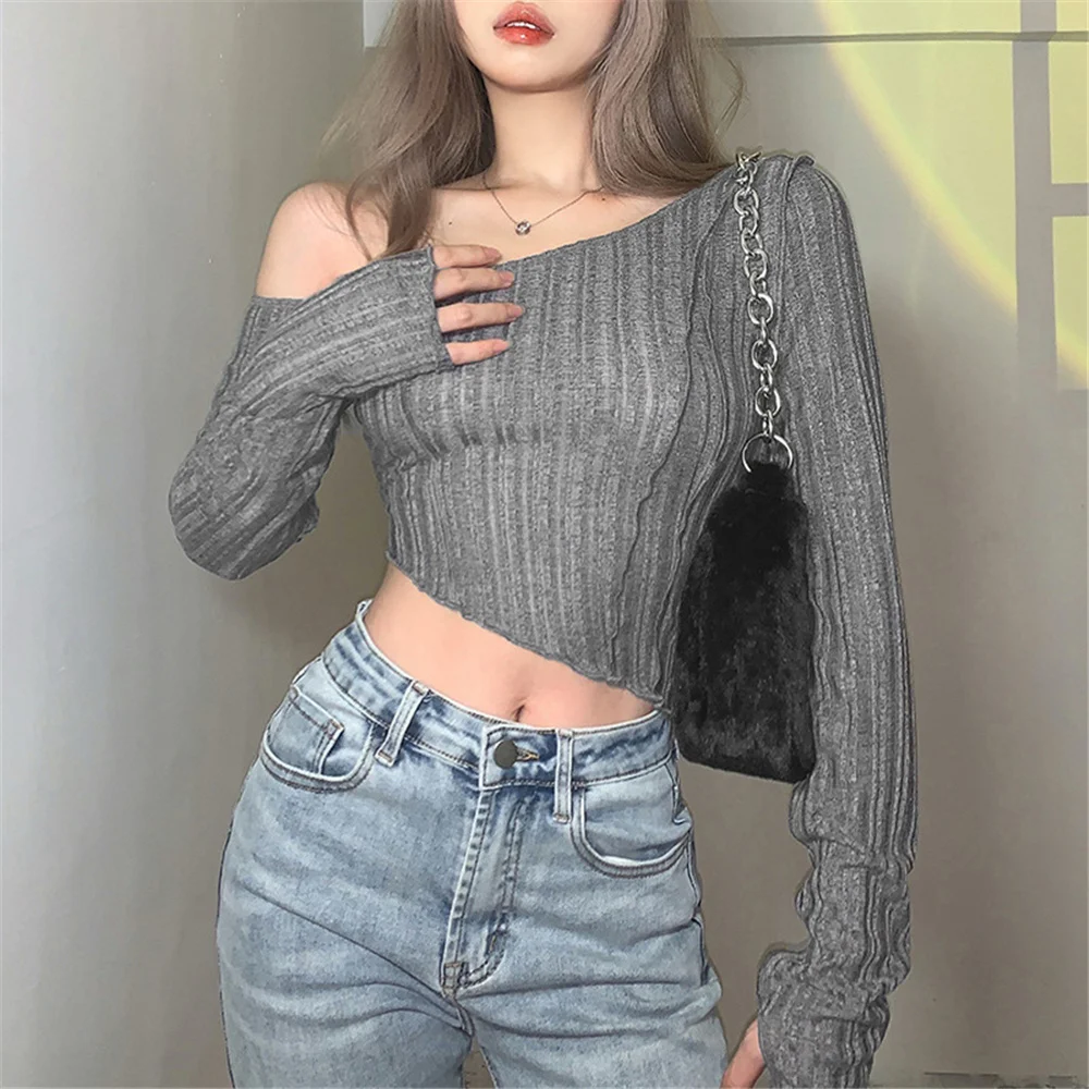 

Women Sexy Off Shoulder Crop Tops Casual Long Sleeve Irregular Neck Solid Color Slim Fit T-Shirts Female Nightclub Party Clothes