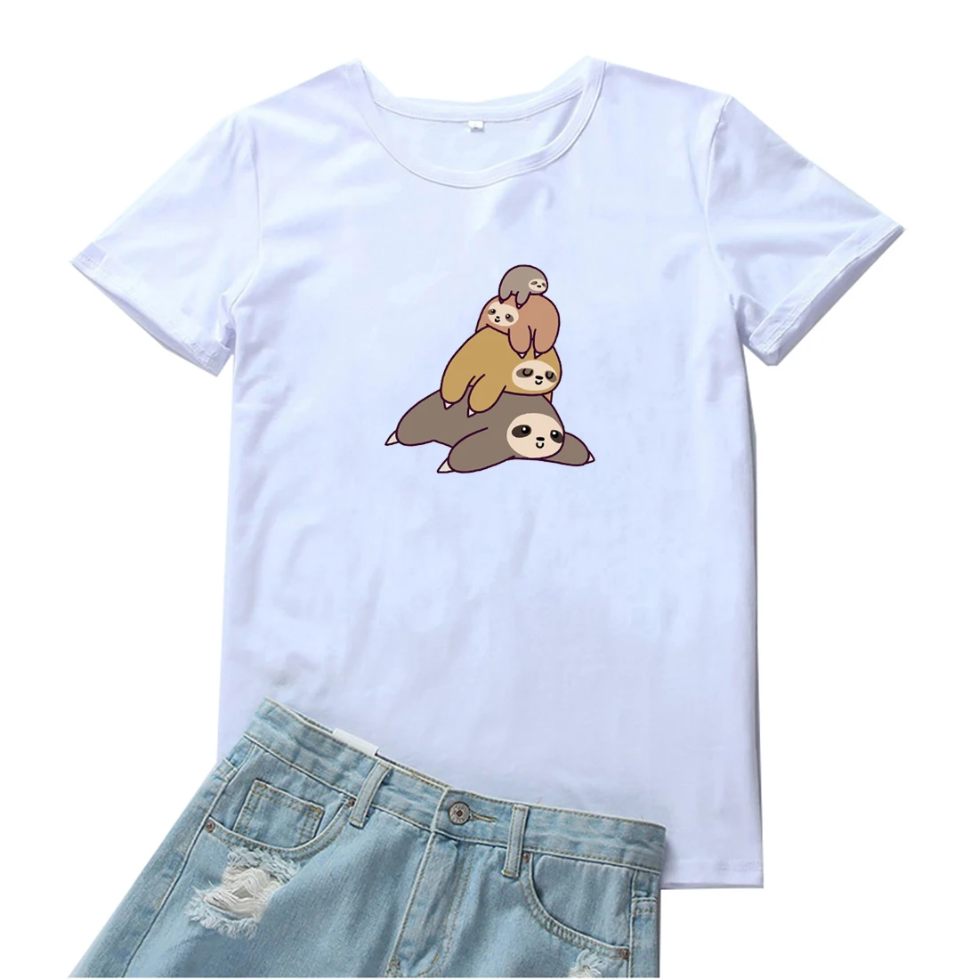 

Женские многослойные футболки Sloth Family, милая женская футболка с мультяшным рисунком Gtaphics, модная белая и черная футболка с круглым вырезом д...