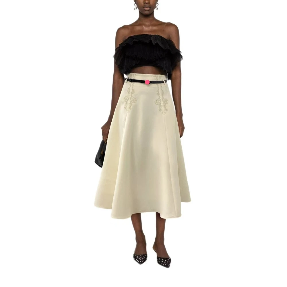 

Embroidery large swing long half skirt distribution belt early fall new women formal occasions elegant mid-length jupe A01435