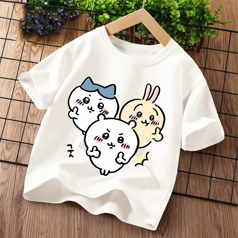 Фото Новая детская футболка Chiikawas с принтом персонажей мультфильмов Kawaii, футболки с короткими рукавами для мальчиков и девочек, летняя детская одежда №4