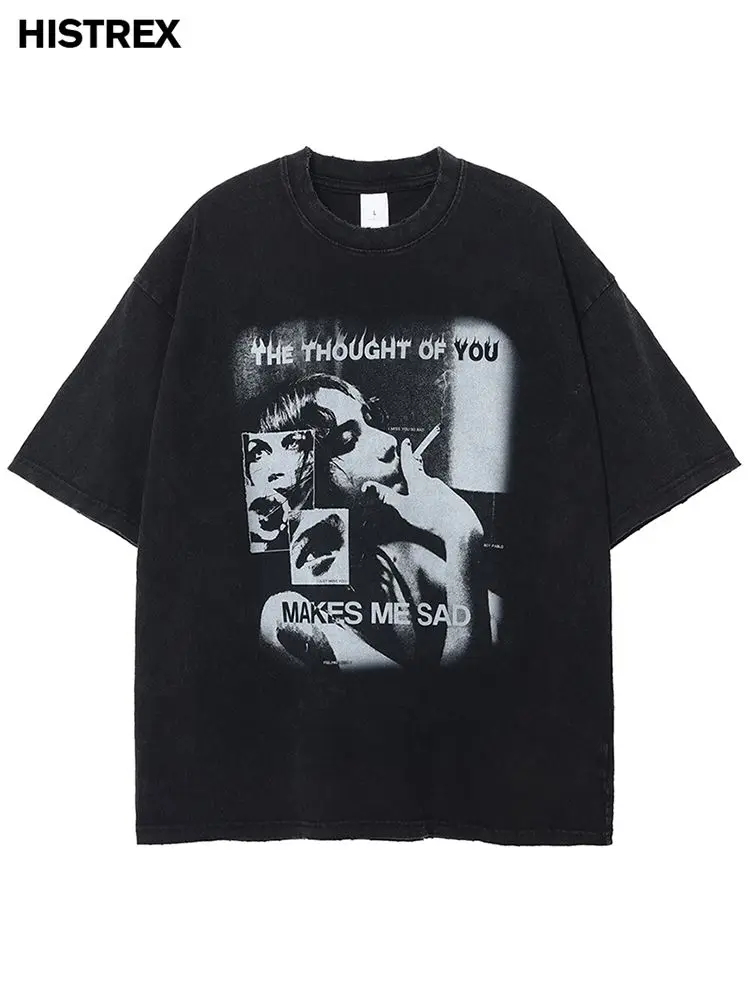 

Men Hip Hop Streetwear Tshirt,Washed Black Retro Vintage Loose Tee,Sad Women Graphic Print T-Shirt,100% Cotton Oversized T-Shirt