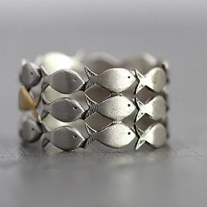 Artistic Retro Little Goldfish Layered Ring Adjustable Cute Fish Open Two Tone Ocean Animal Jewelry Gift for Women Men