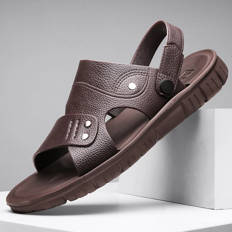 

Сандалии мужские из ПУ кожи, дышащие легкие, Нескользящие, плоская подошва, Повседневная модная Уличная обувь, 45, лето 2022