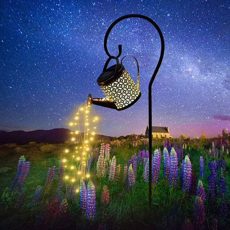 

Solar LED Light Outdoor Wrought Iron Waterproof Hollow Lantern Watering Kettle Lamp Kettle Art Lamp with Installed Light String