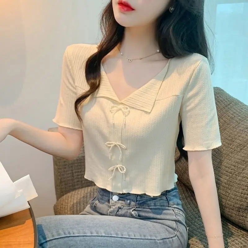 Женская рубашка с бантом и V-образным вырезом свободного покроя