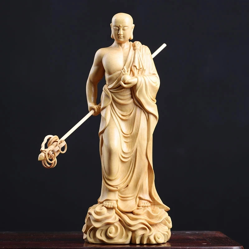 

20CM Wood Buddha Statue Boxwood Ksitigarbha Sculpture Dizang Wang Bodhisattva Worship Home Decor Crafts