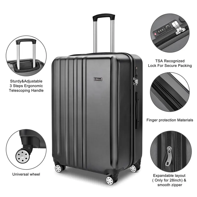 20 Inch Hardside Luggage, Suitcase with Spinner Wheels Built-In TSA Lock, 33L Capacity Checked Luggage Carry On, Black
