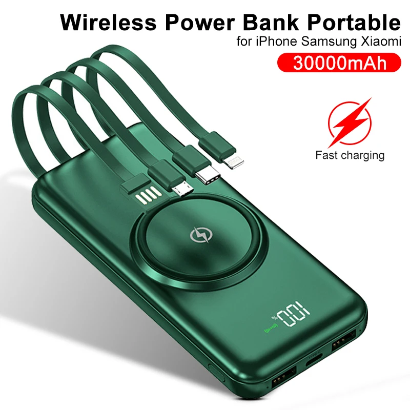 

30000mAh Wireless Charging Power Bank Portable Charging External Battery 4 USB UniveralPower Bank for iPhone Samsung Xiaomi