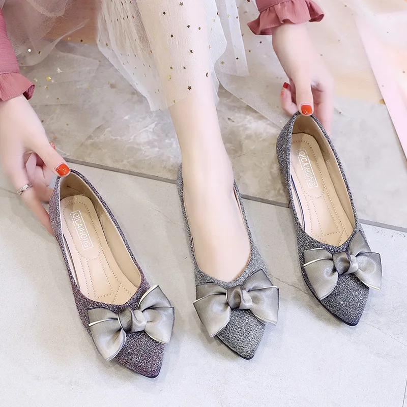 

2021 Spring New Flat Low Heel Korean Bow Women's Shoes Casual Shallow Mouth Low-Tops Women's Pointed Toe Shoes