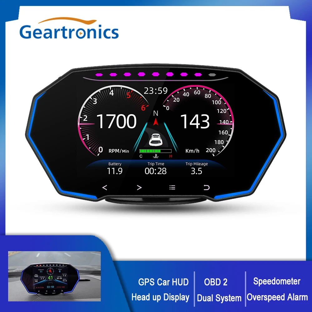 

OBD 2 GPS Car HUD Dual System Head Up Display Speedometer With Water Oil Temp Turbo Pressure Altitude Overspeed Fatigue Alarm