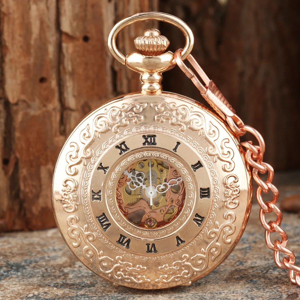 Rose Gold Manual Mechanical Pocket Watch Fob Chain Transparent Skeleton Retro Pendant Pocket Timepiece Hand Winding Movement