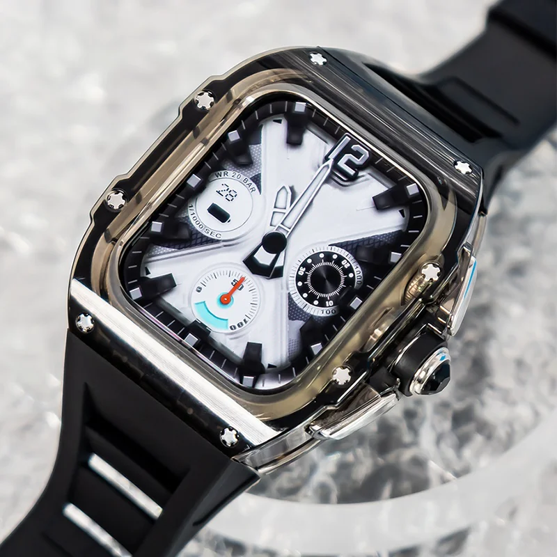 Senior Transparent Mod Kit Case For Apple Watch 45MM 44MM Fluororubber Band For iWatch Series Ultra 8 7 6 5 4 SE Silicone Strap