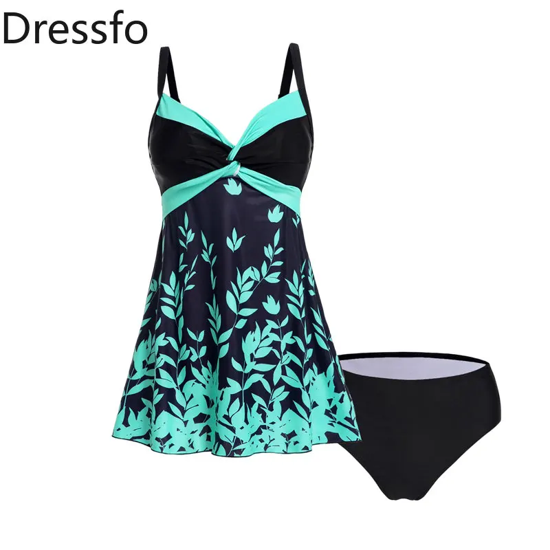 

Dressfo Contrasting Leaf Print Front Twist Tankini Swimsuit Tummy Control Padded Tankini Two Piece Adjustable Strap Bathing Suit