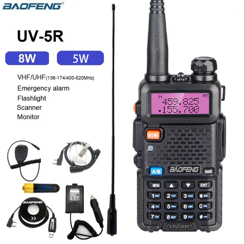 

Портативная рация BaoFeng UV-5R 5 Вт/8 Вт Двухдиапазонная рация VHF/UHF 136-174 МГц и 400-520 МГц FM портативный приемопередатчик с наушником