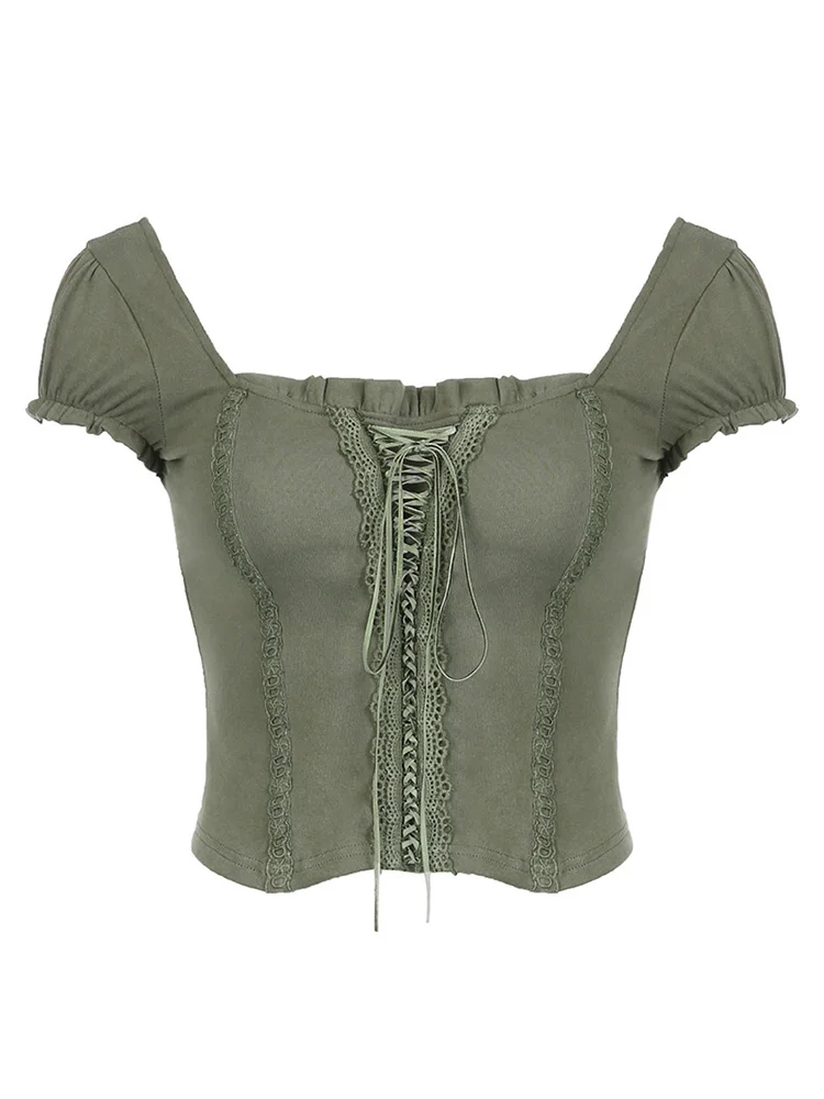 Y2k зеленый кружевной укороченный топ с квадратным воротником и коротким рукавом