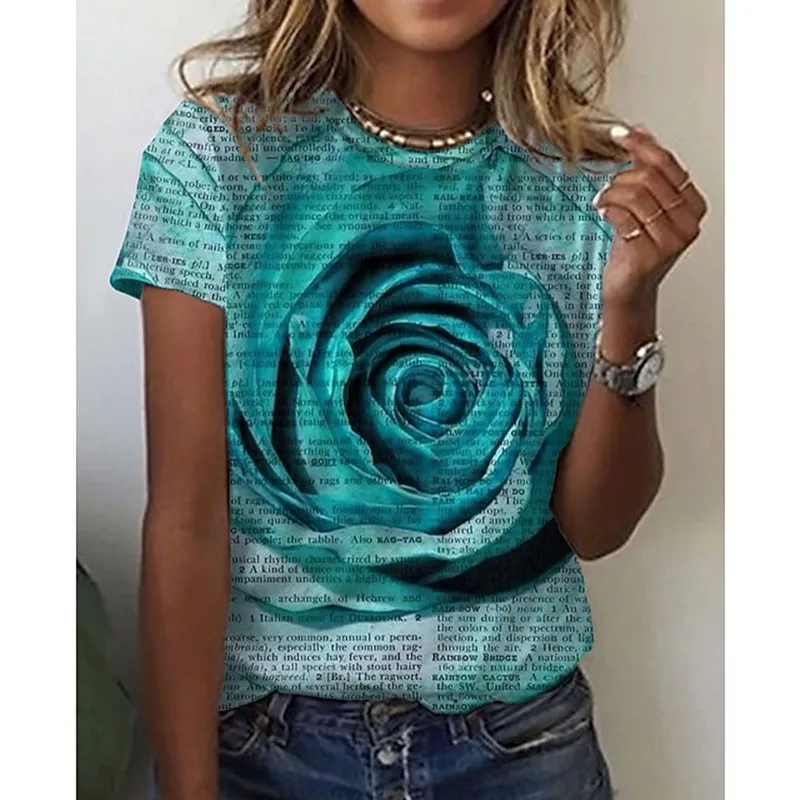 

Camiseta ajustada floral de verano para mujer, remera Kawaii Harajuku para mujer, ropa informal con estampado 3D, tops nuevos de