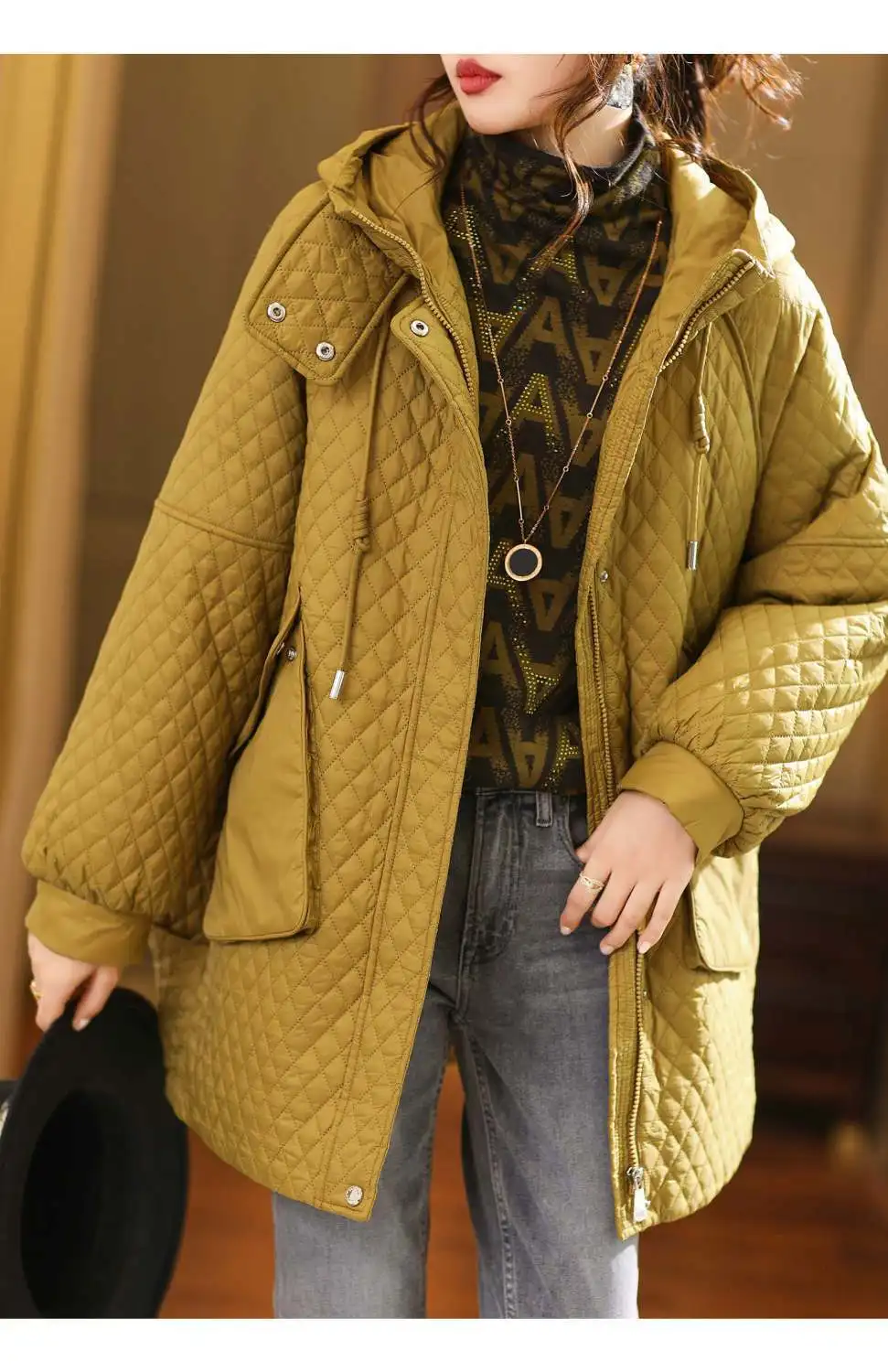 2023 New Oversized Hooded Plaid Cotton Jacket Women's Clothing Autumn Winter Coat Female Large Size Parka Black Overcoats AC765