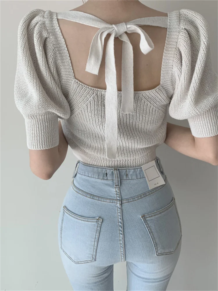 Mafokuwz шикарные вязаные топы рубашки с квадратным воротником пышными рукавами