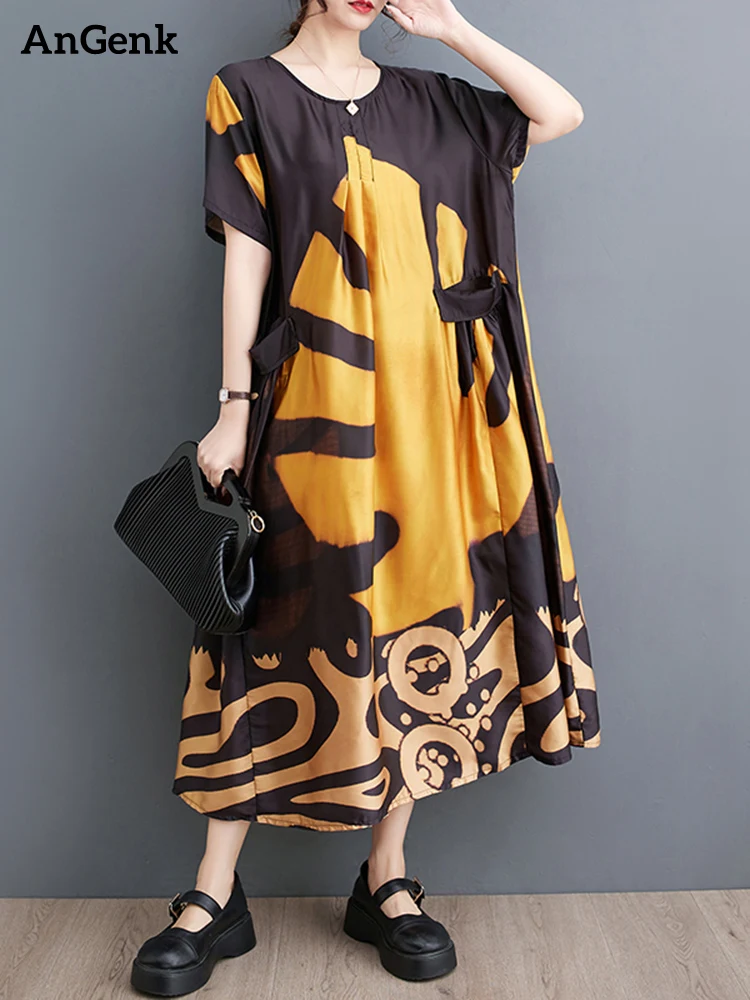 

Женское платье с коротким рукавом, свободное Повседневное платье средней длины с винтажным принтом в Корейском стиле, элегантная одежда бо...