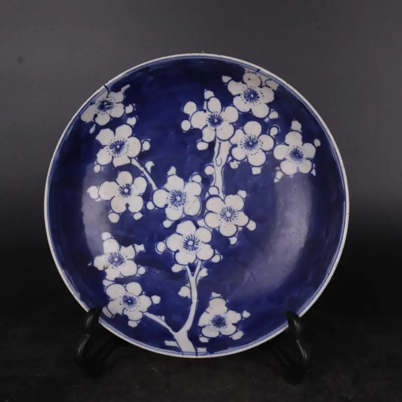 Китайская сине-белая фарфоровая тарелка с рисунком сливы Qing Tongzhi 8 дюймов