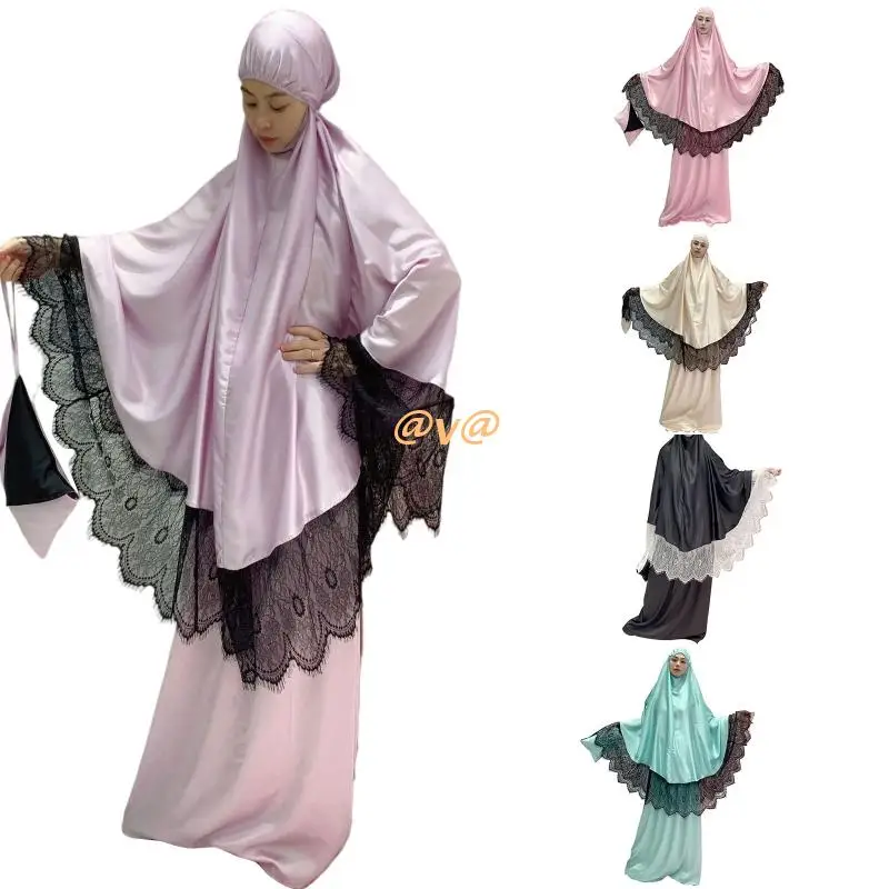Элегантное кружевное длинное платье с полным покрытием, 2 шт./комплект, Женская свободная мусульманская молитвенная одежда