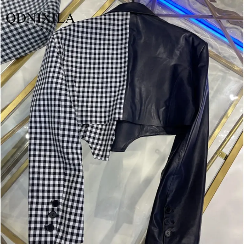 2023 Spring Jacket Women Y2k Black-and-white Plaid Contrast Stitching PU Leather Jacket Women New Outerwear Top Women UltraShort