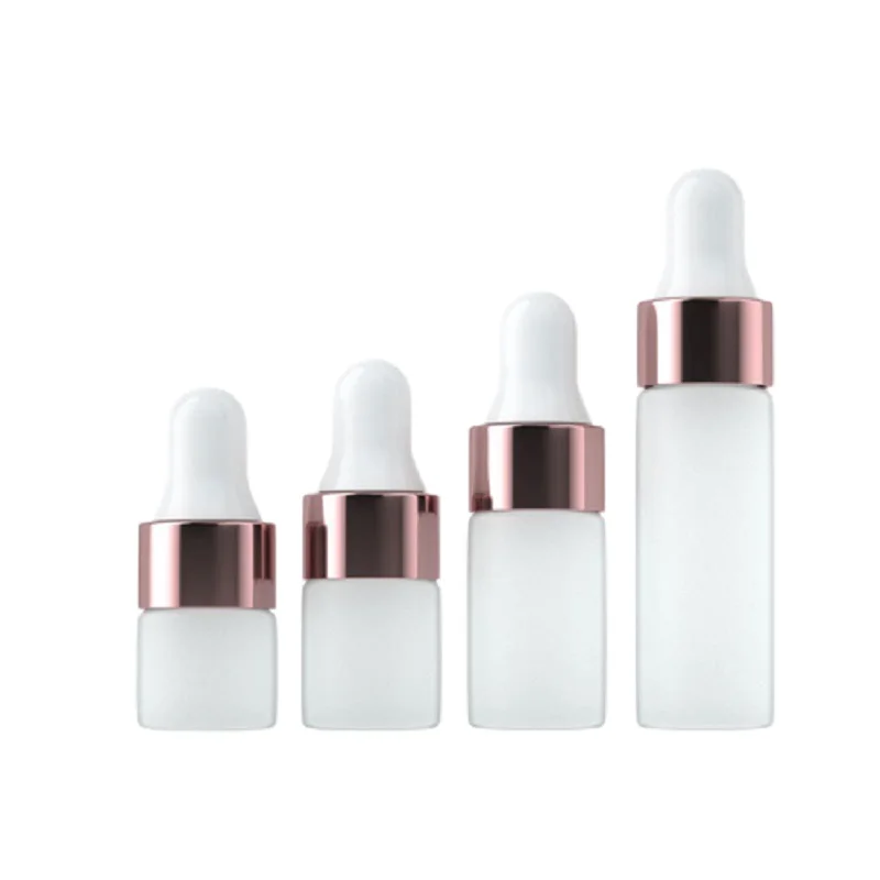 

1ml 2ml 3ml 5ml Mini Frost Glass Pipette Dropper Bottle Rose Gold Lid White Top Empty Cosmetic Sample Essential Oil Vials 100pcs