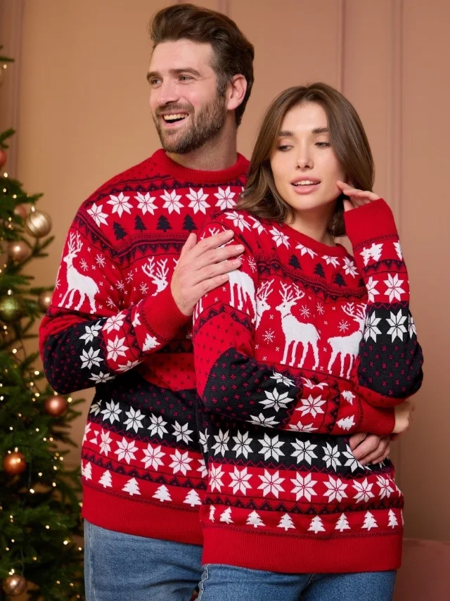 

Women's Sweater Christmas Clothes 2023 Autumn Winter Couple KinitWear Men's Sweatershirt Elk Jacquard Long Sleeve Official Dress
