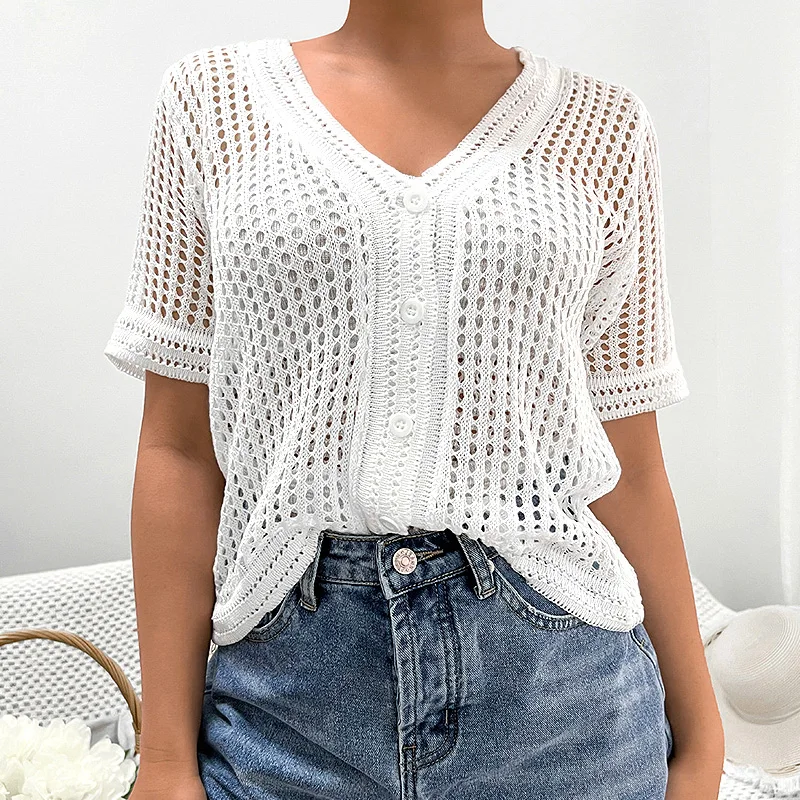 

New Ladies Vintage V Neck T Shirt Women Harajuku Fashion Girl Basic Luxury Hollow Out Striped French Street Female Casual Top