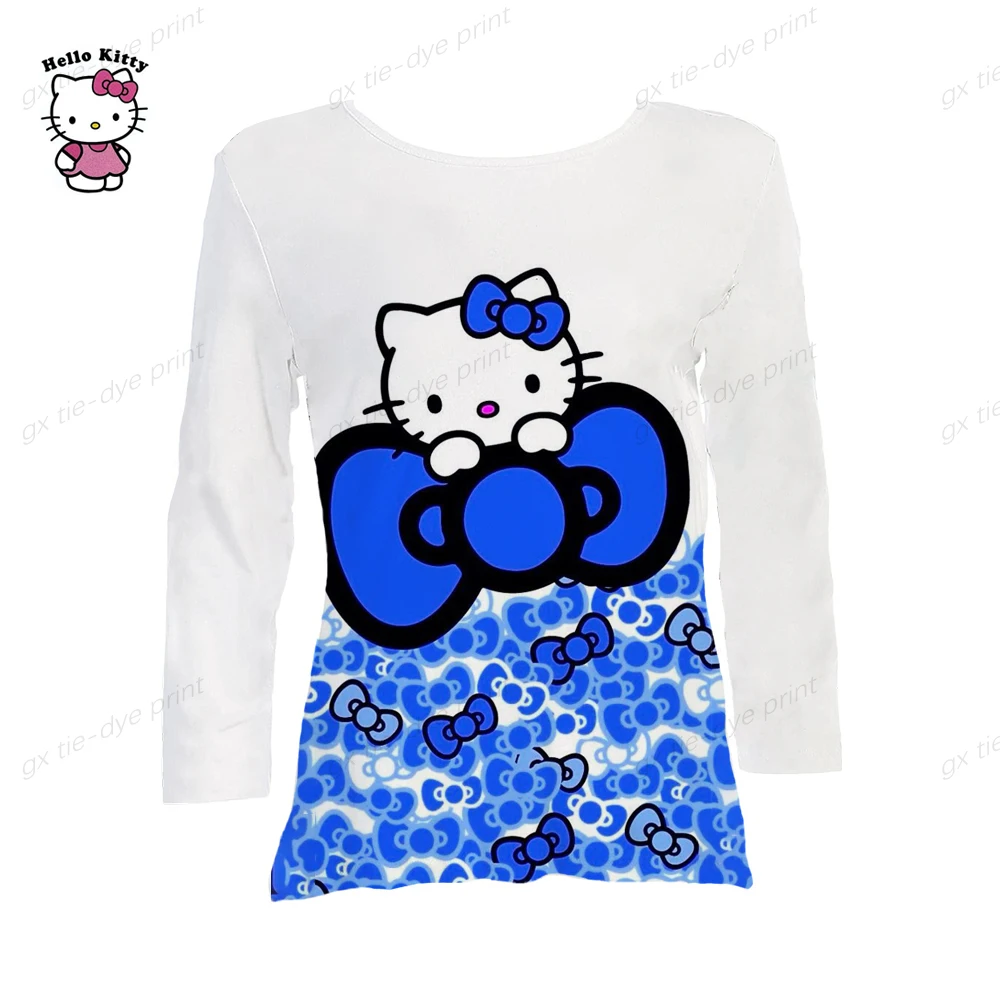

Футболка женская с рисунком Hello Kitty, базовый Повседневный Топ с длинным рукавом и круглым вырезом, базовая одежда для выходных, Y2K