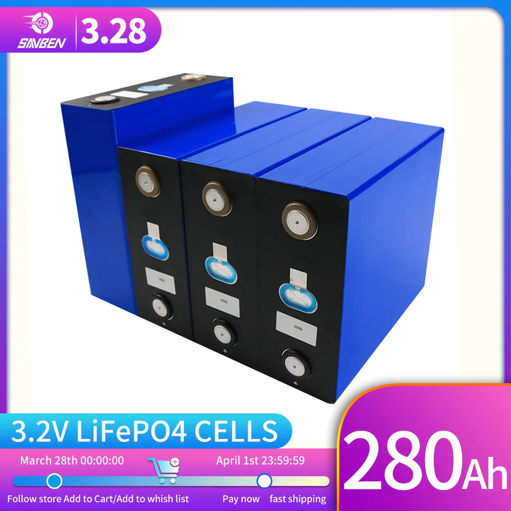 

280Ah 4PCS Lifepo4 Rechargable 12v Battery Pack 3.2V Grade A Lithium Iron Phosphate Prismatic New Solar Cells RV Boat Home