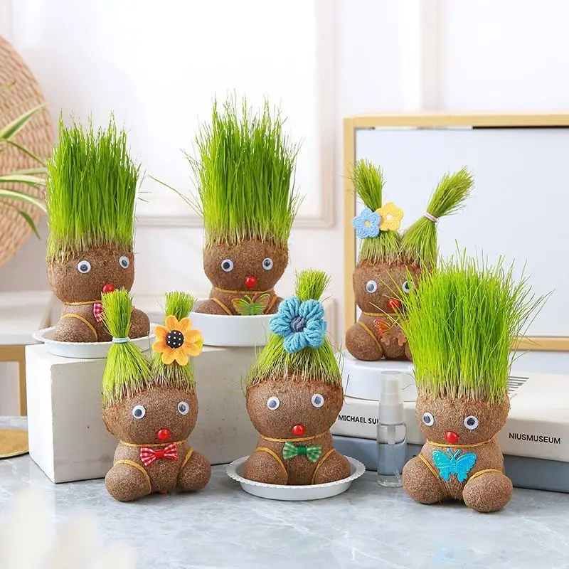 Room Decor Home Decoration Small Growing Grass Head Doll Plant Beautiful Children Gift Indoor Balcony Baby Pot Planters