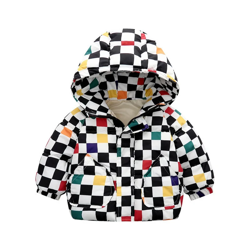 

2022 autumn winter new children's clothing lattice down jacket boys girls hooded Korean coat thickened bread jacket1-6Y