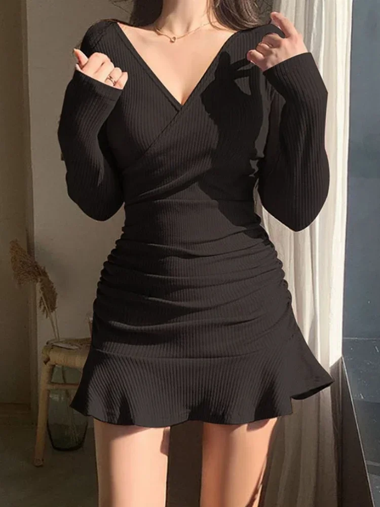 Платья с длинным рукавом женские платья v-образным вырезом и складками