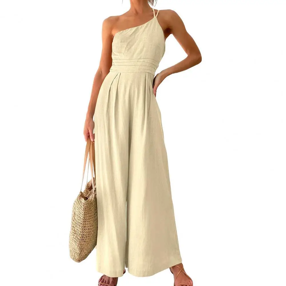 

Woman Jumpsuits Elegant Pleated High Rise Wide Leg Women Jumpsuit Summer Straps One Shoulder Romper Ladies Outfit monos mujer
