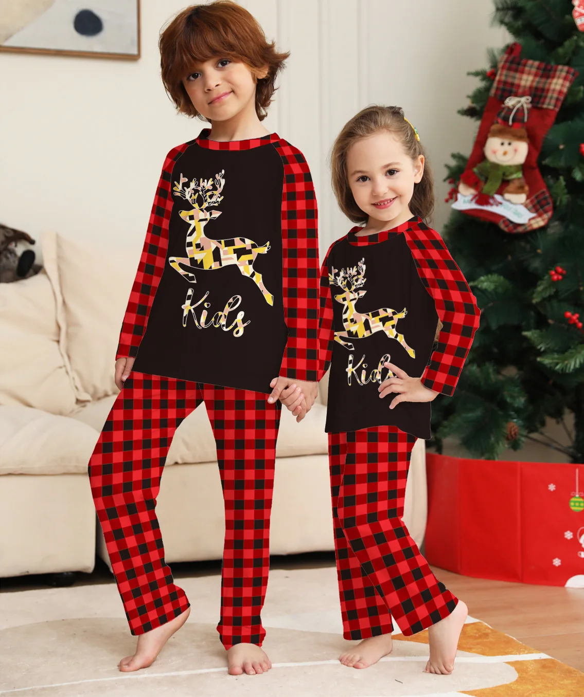 European American Christmas Family Pajamas Homewear New Fawn Round Neck Long Sleeves Parent-child Nightwear