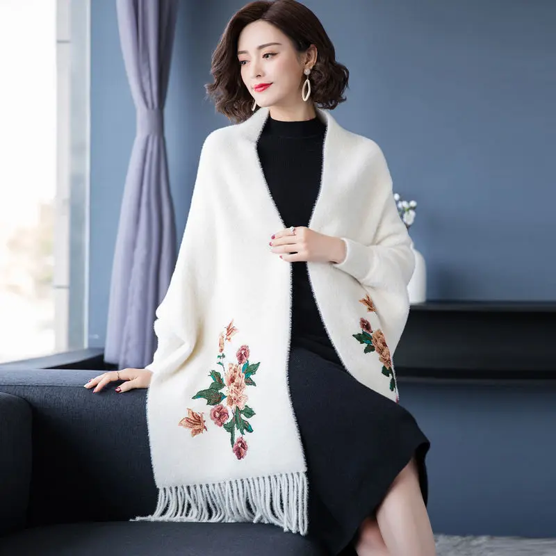 

Autumn and winter poncho female mink cashmere embroidered flower belt sleeves shawl women casual outside with fringed cape tops