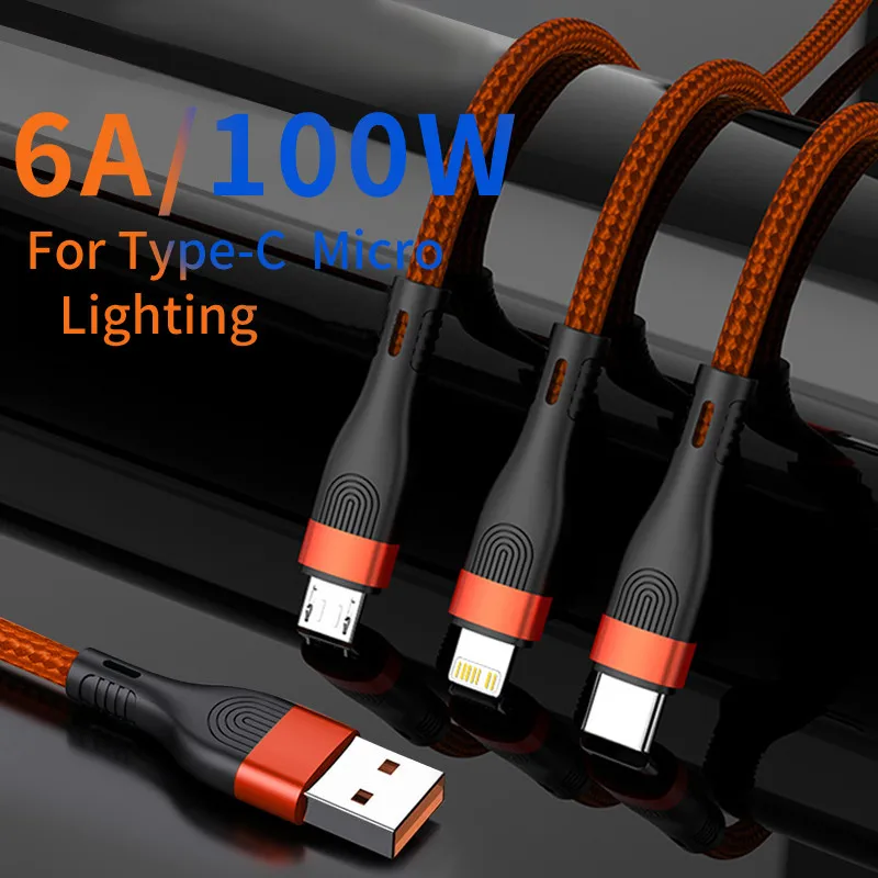 

3 in 1 USB C Cable 6A 100W Fast Charging Cable Type C For Xiaomi Realme Huawei Samsung Data Micro USB Cord For Iphone 11 12