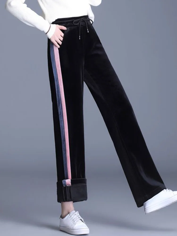 Женские утепленные мешковатые прямые брюки зимние теплые полосатые бархатные