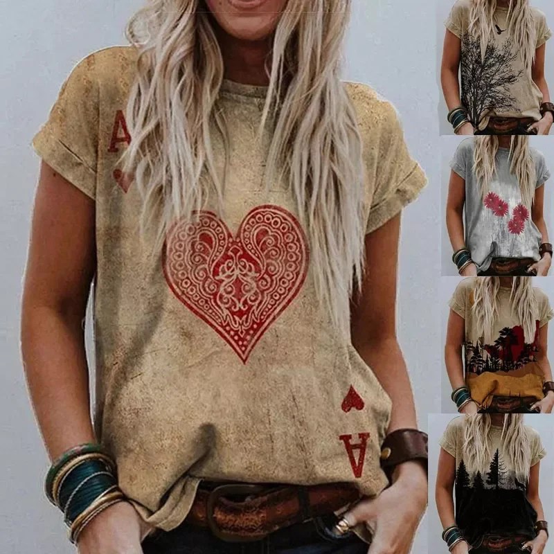 

2023NEW Summer T Shirt Vintage Valentines Day Heart Print Short Sleeve Tees Casual Flower Printed Shaped Faded Pullover Tops