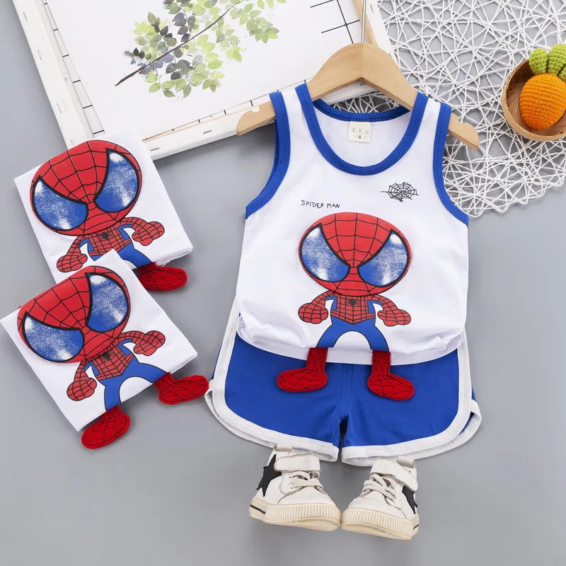 

Summer New Product Children's Clothing Baby Boys Cartoon Spiderman Suit Child Sleeveless T-shirt + Sports Shorts Suits
