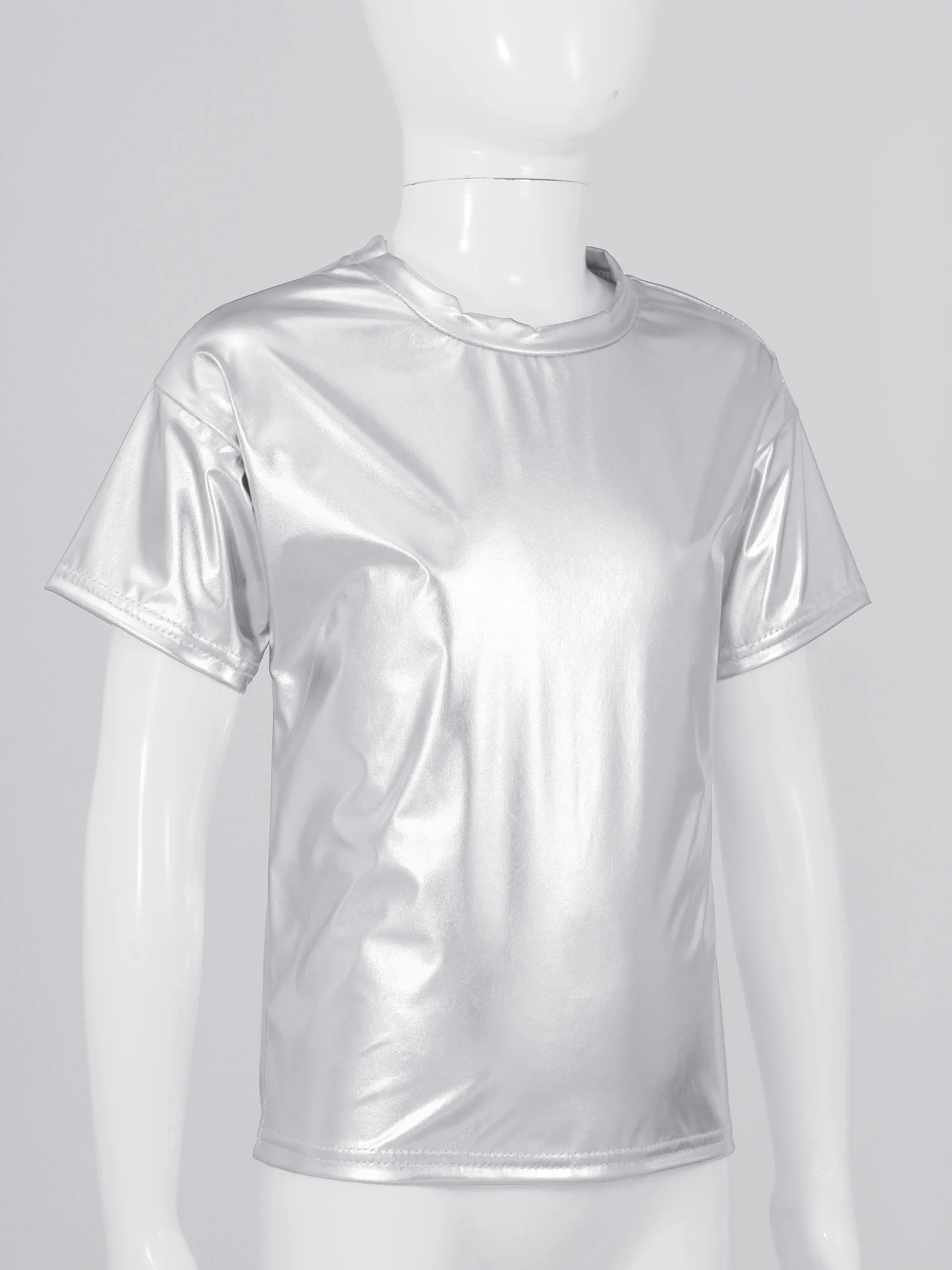Kids Girls Boys Dance Tops Shiny Metallic Short Sleeve T-Shirt Jazz Hip Hop Street Dance Performance Blouse