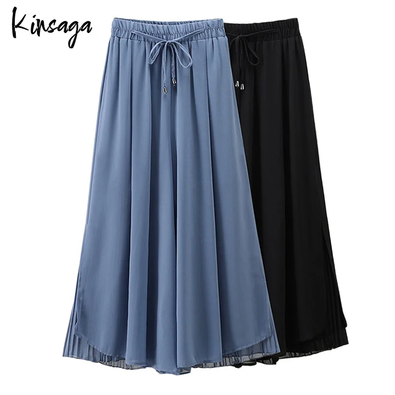 

Summer Drawstring Waist Mesh Patchwork Irregular Chiffon Skirt Pants Women Loose Slit Wide Leg Pleated Ankle Length Pants Capris