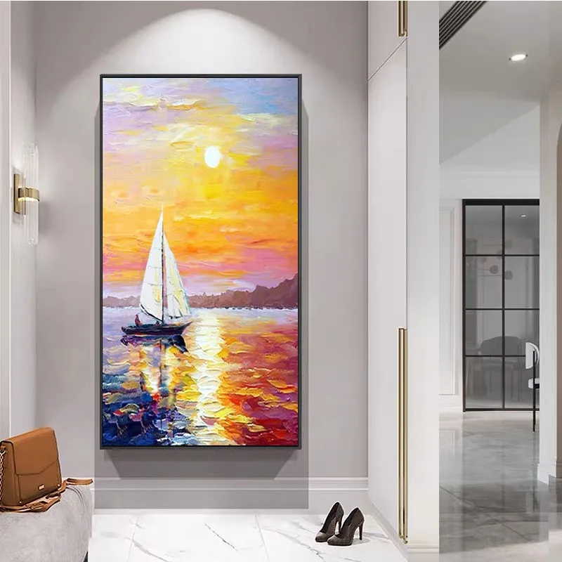 

Hand Painted Oil Painting Vertical Version Atmospheric Entrance Porch Decorative Painting Sea View Corridor Hanging Painting